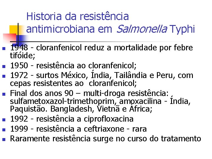 Historia da resistência antimicrobiana em Salmonella Typhi n n n n 1948 - cloranfenicol