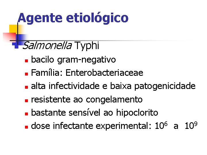 Agente etiológico n Salmonella Typhi bacilo gram-negativo n Família: Enterobacteriaceae n alta infectividade e