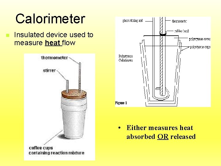 Calorimeter n Insulated device used to measure heat flow • Either measures heat absorbed