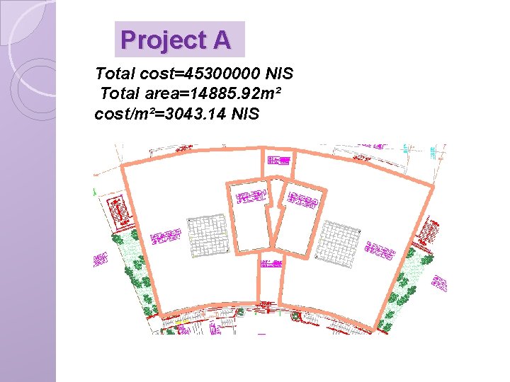 Project A Total cost=45300000 NIS Total area=14885. 92 m² cost/m²=3043. 14 NIS 