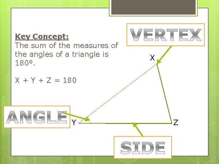 Key Concept: The sum of the measures of the angles of a triangle is