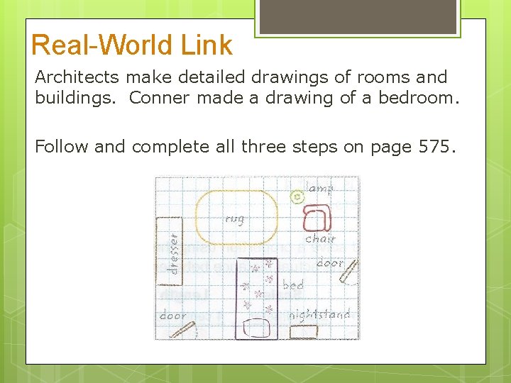 Real-World Link Architects make detailed drawings of rooms and buildings. Conner made a drawing