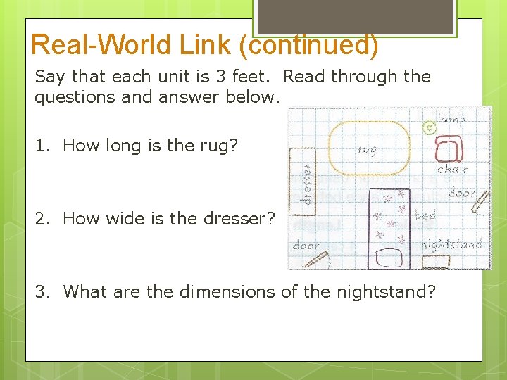 Real-World Link (continued) Say that each unit is 3 feet. Read through the questions