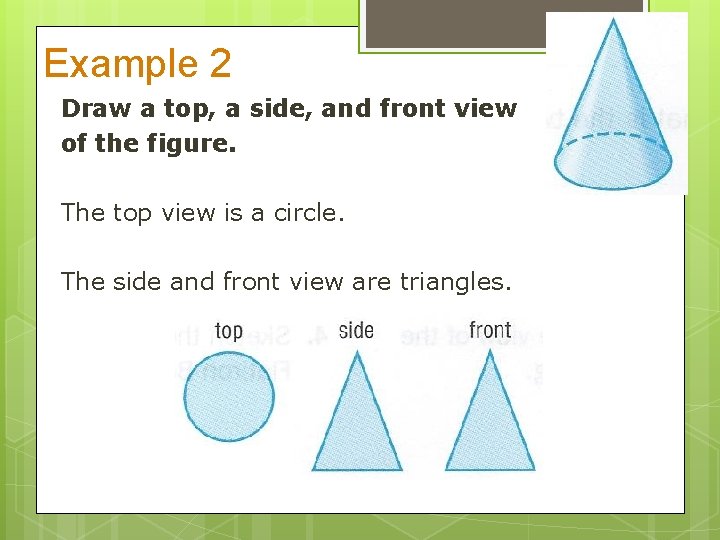 Example 2 Draw a top, a side, and front view of the figure. The