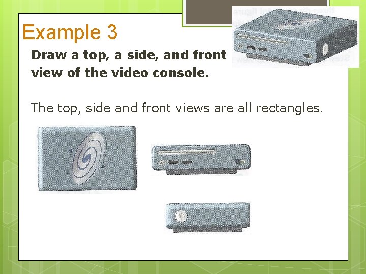 Example 3 Draw a top, a side, and front view of the video console.