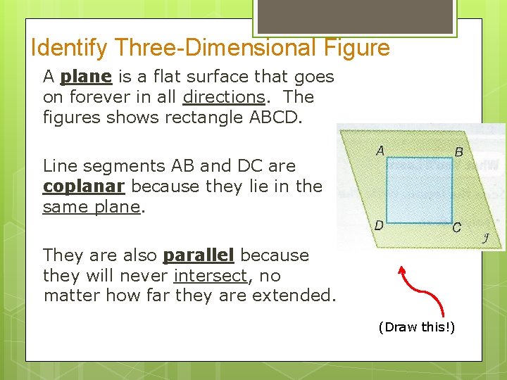 Identify Three-Dimensional Figure A plane is a flat surface that goes on forever in