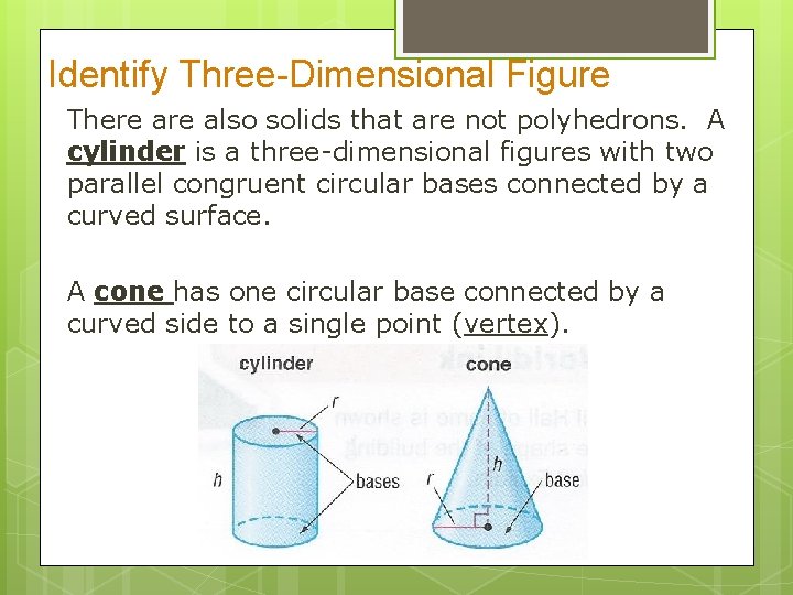 Identify Three-Dimensional Figure There also solids that are not polyhedrons. A cylinder is a