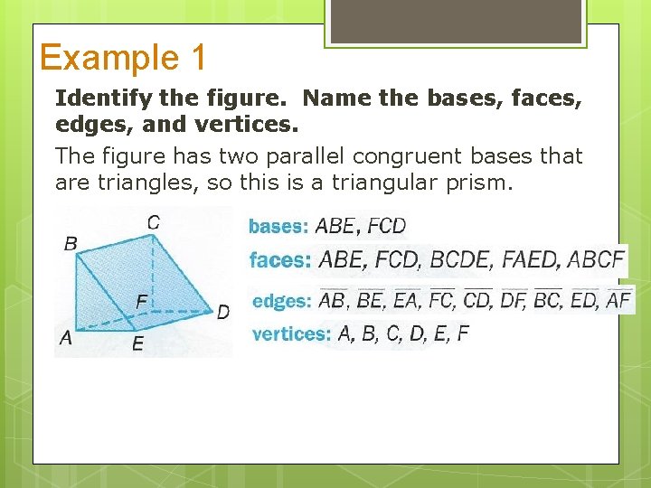 Example 1 Identify the figure. Name the bases, faces, edges, and vertices. The figure