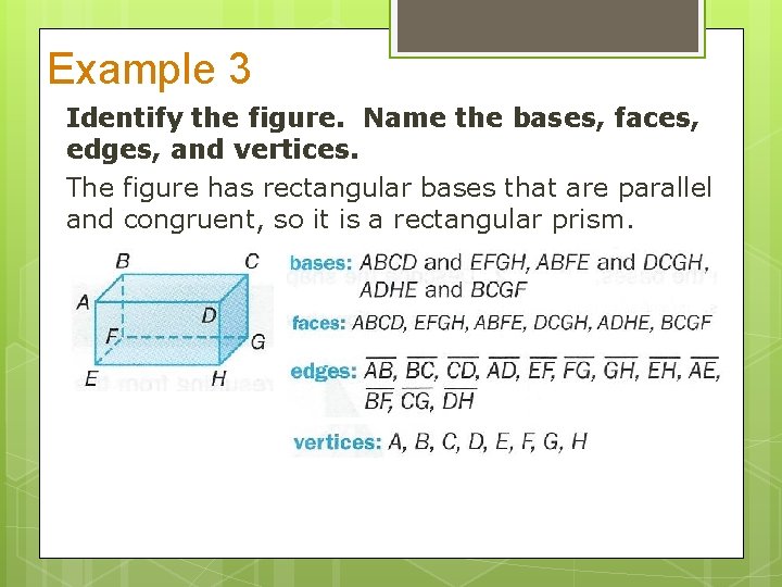 Example 3 Identify the figure. Name the bases, faces, edges, and vertices. The figure