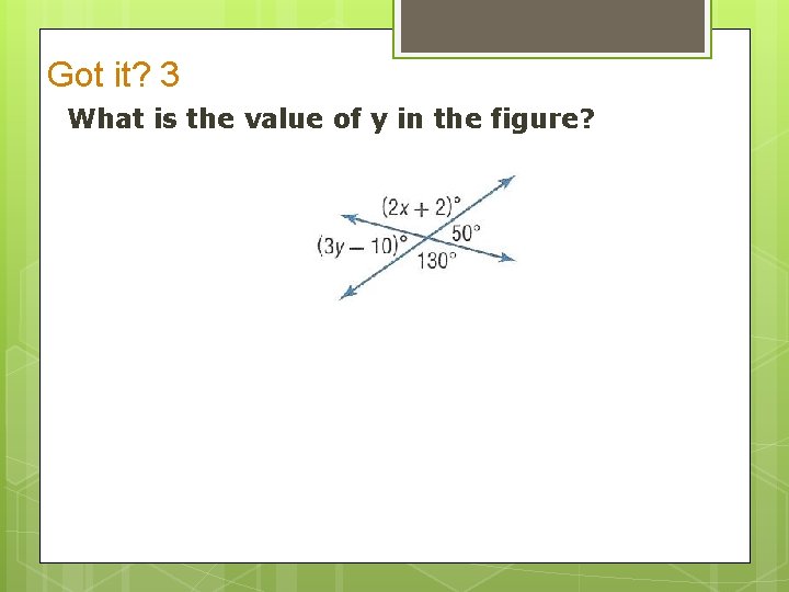 Got it? 3 What is the value of y in the figure? 