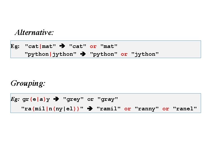Alternative: Eg: "cat|mat" "cat" or "mat" "python|jython" "python" or "jython" Grouping: Eg: gr(e|a)y "grey"