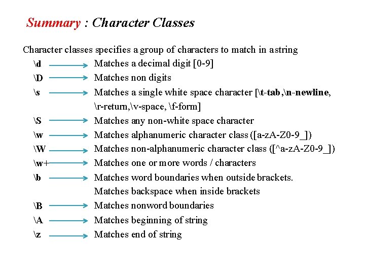 Summary : Character Classes Character classes specifies a group of characters to match in
