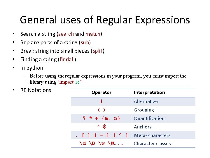 General uses of Regular Expressions • • • Search a string (search and match)