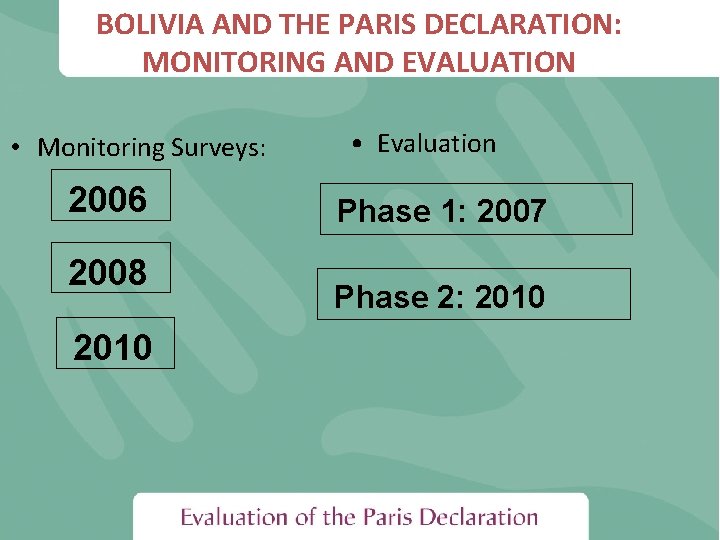 BOLIVIA AND THE PARIS DECLARATION: MONITORING AND EVALUATION • Monitoring Surveys: 2006 2008 2010
