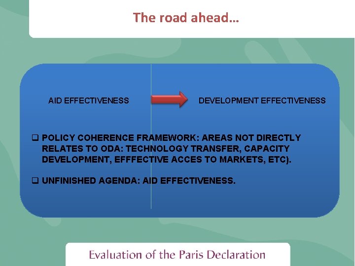 The road ahead… AID EFFECTIVENESS DEVELOPMENT EFFECTIVENESS q POLICY COHERENCE FRAMEWORK: AREAS NOT DIRECTLY