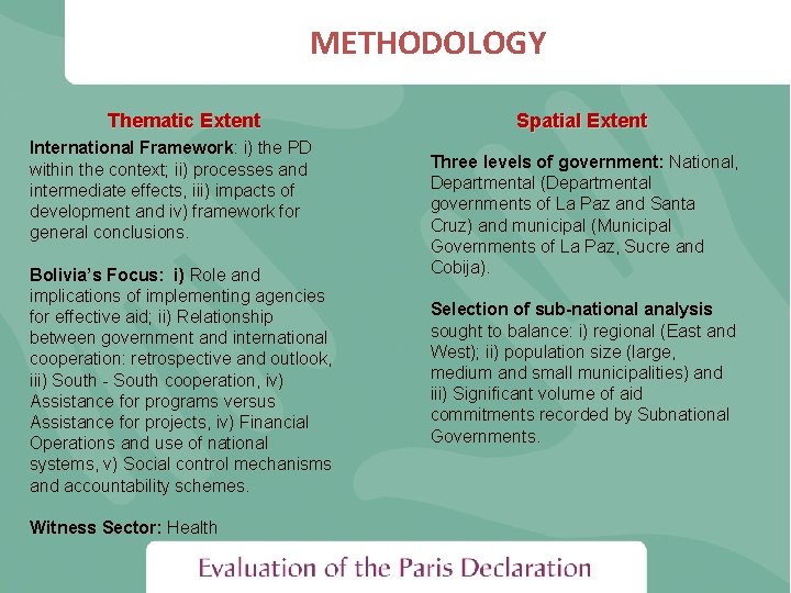 METHODOLOGY Thematic Extent International Framework: i) the PD within the context; ii) processes and