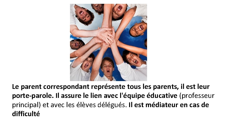 Le parent correspondant représente tous les parents, il est leur porte-parole. Il assure le