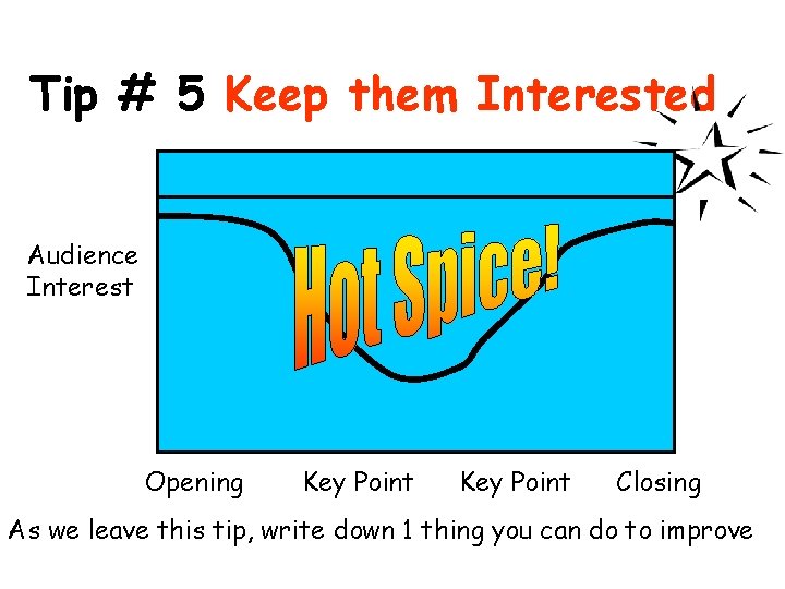 Tip # 5 Keep them Interested Audience Interest Opening Key Point Closing As we