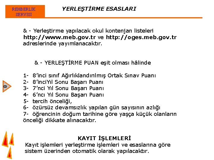 REHBERLİK SERVİSİ YERLEŞTİRME ESASLARI & - Yerleştirme yapılacak okul kontenjan listeleri http: //www. meb.