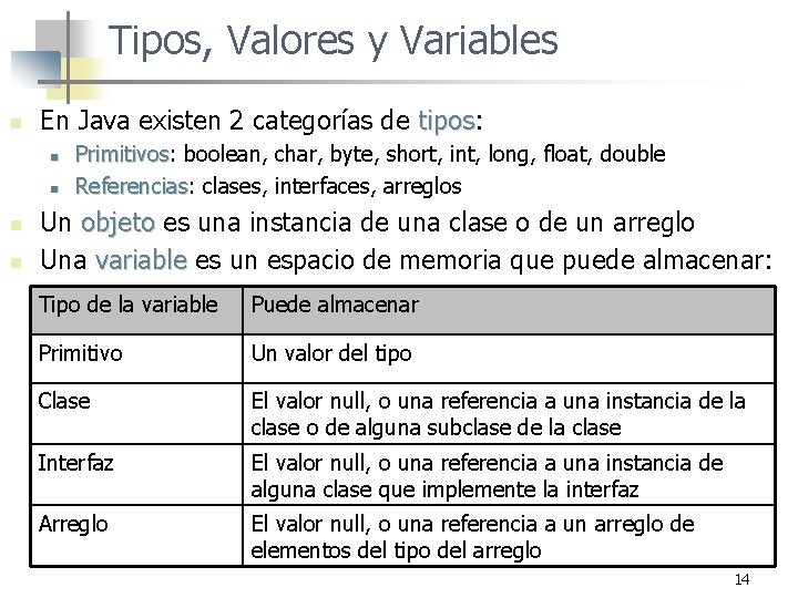 Tipos, Valores y Variables n En Java existen 2 categorías de tipos: tipos n