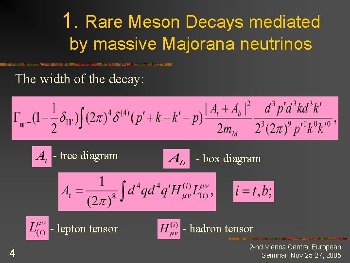 1. Rare Meson Decays mediated by massive Majorana neutrinos The width of the decay: