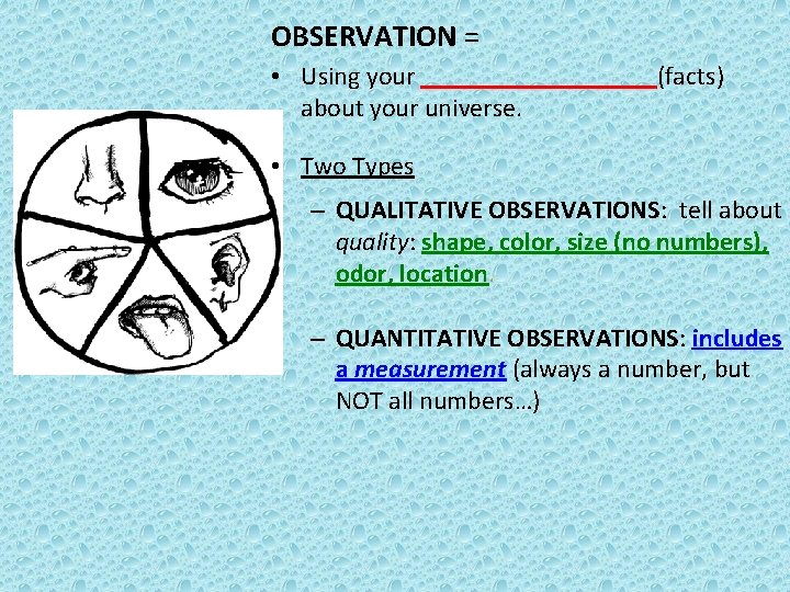OBSERVATION = • Using your _________(facts) about your universe. • Two Types – QUALITATIVE