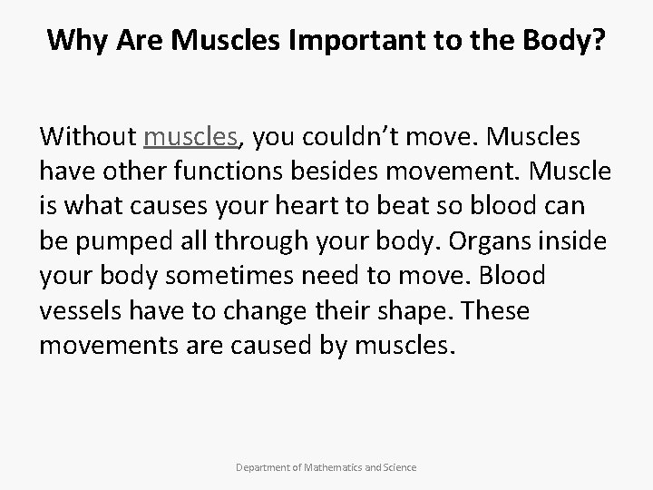 Why Are Muscles Important to the Body? Without muscles, you couldn’t move. Muscles have