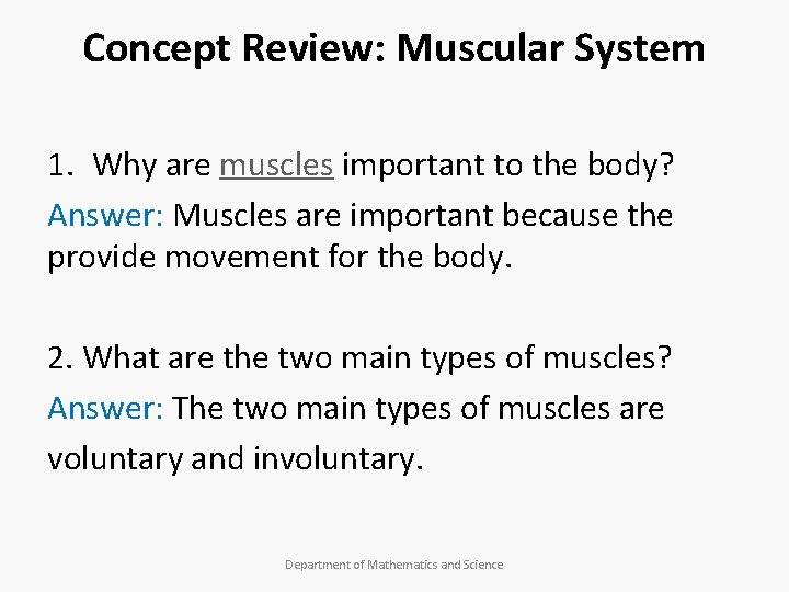 Concept Review: Muscular System 1. Why are muscles important to the body? Answer: Muscles