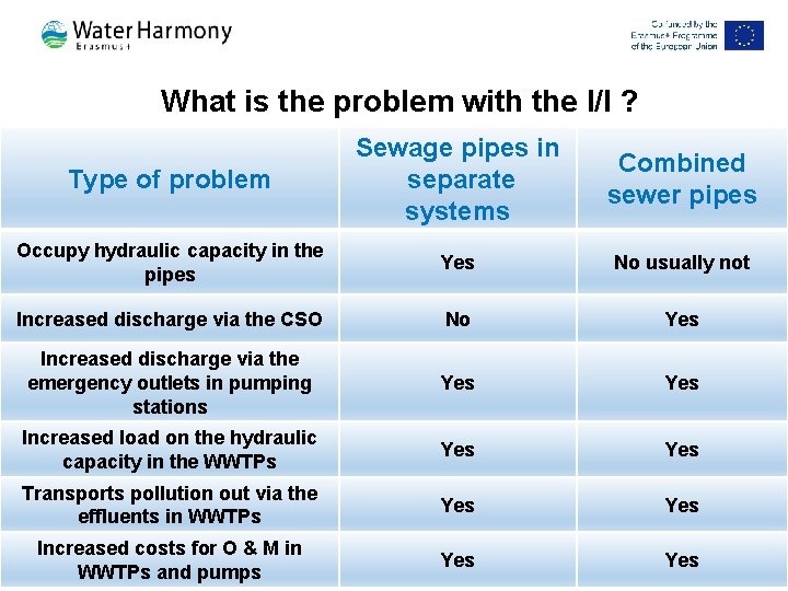 What is the problem with the I/I ? Type of problem Sewage pipes in