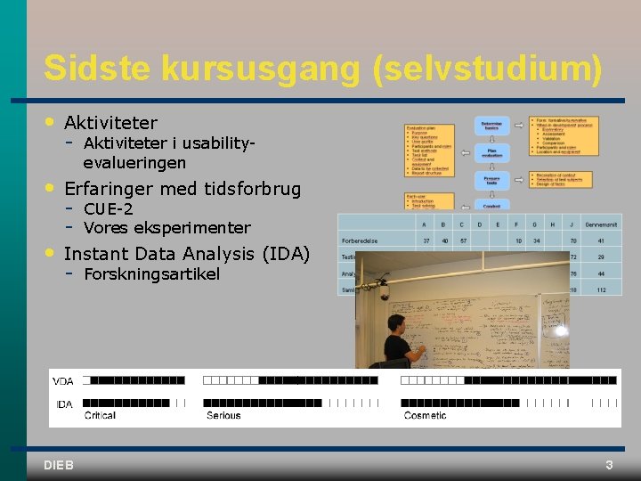 Sidste kursusgang (selvstudium) • Aktiviteter • Erfaringer med tidsforbrug • Instant Data Analysis (IDA)