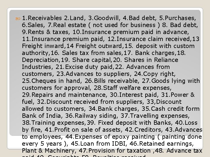  1. Receivables 2. Land, 3. Goodwill, 4. Bad debt, 5. Purchases, 6. Sales,