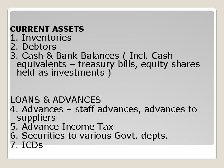 CURRENT ASSETS 1. Inventories 2. Debtors 3. Cash & Bank Balances ( Incl. Cash