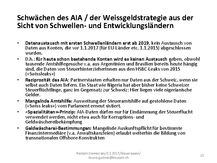 Schwächen des AIA / der Weissgeldstrategie aus der Sicht von Schwellen- und Entwicklungsländern •