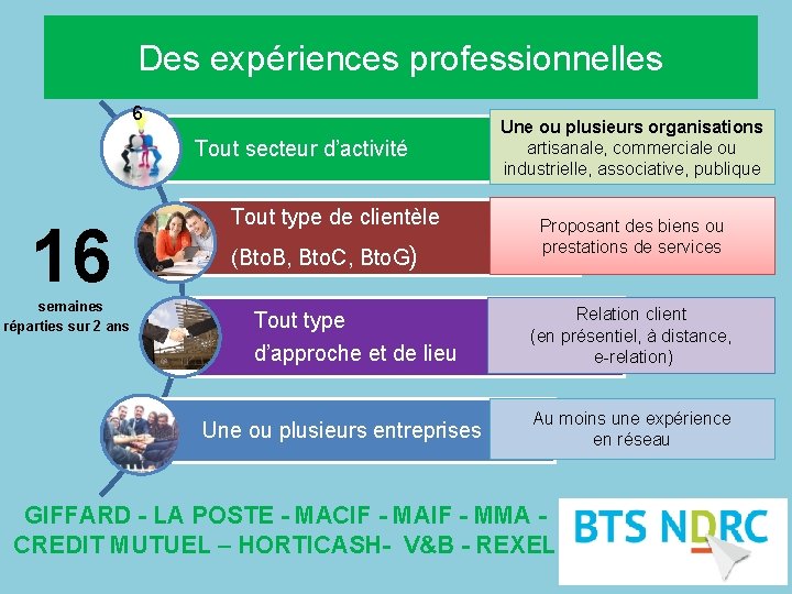 Des expériences professionnelles 6 Tout secteur d’activité 16 semaines réparties sur 2 ans Tout