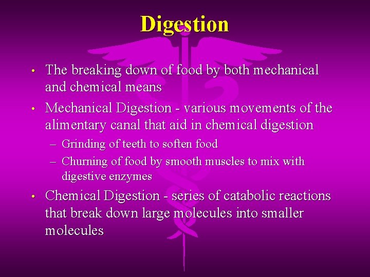 Digestion • • The breaking down of food by both mechanical and chemical means