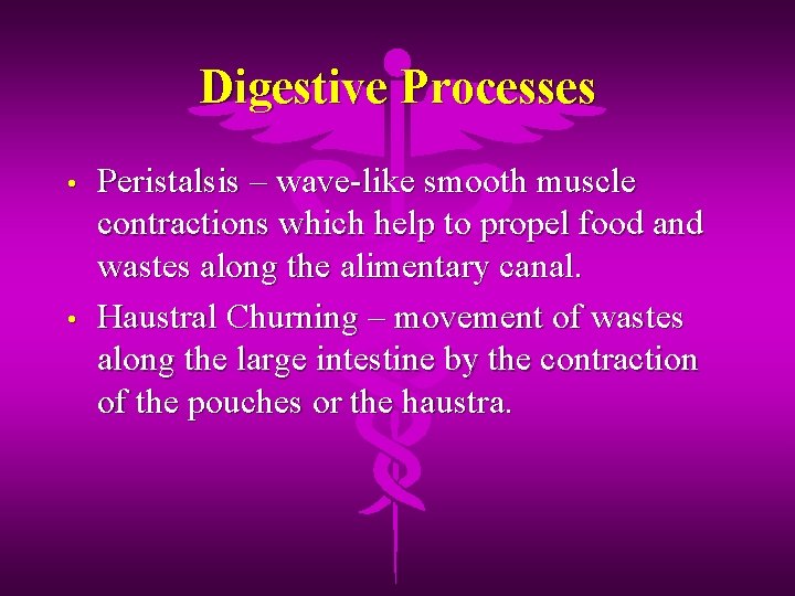 Digestive Processes • • Peristalsis – wave-like smooth muscle contractions which help to propel