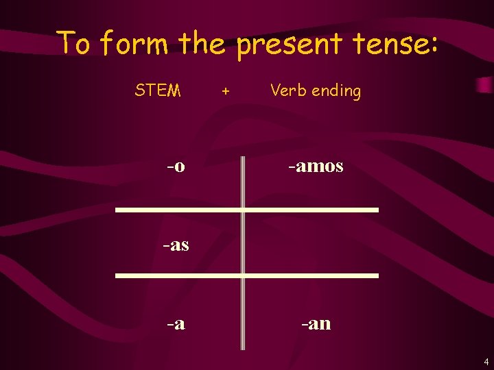 To form the present tense: STEM -o + Verb ending -amos -a -an 4
