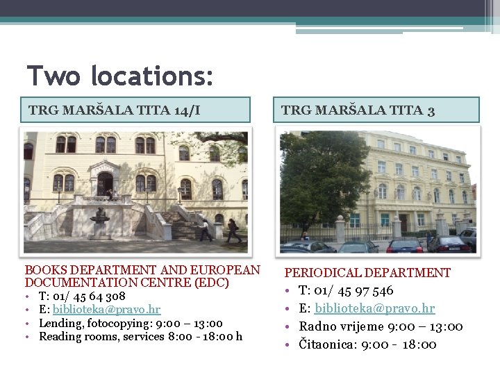 Two locations: TRG MARŠALA TITA 14/I TRG MARŠALA TITA 3 BOOKS DEPARTMENT AND EUROPEAN