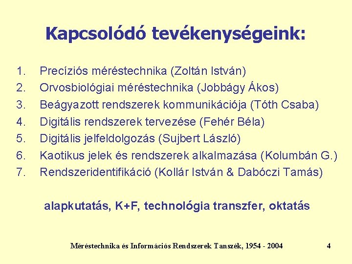 Kapcsolódó tevékenységeink: 1. 2. 3. 4. 5. 6. 7. Precíziós méréstechnika (Zoltán István) Orvosbiológiai