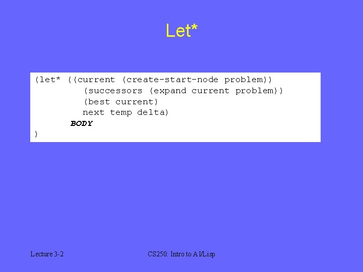 Let* (let* ((current (create-start-node problem)) (successors (expand current problem)) (best current) next temp delta) Let* (let* ((current (create-start-node problem)) (successors (expand current problem)) (best current) next temp delta)