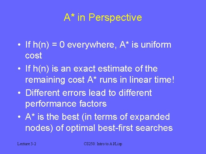 A* in Perspective • If h(n) = 0 everywhere, A* is uniform cost • A* in Perspective • If h(n) = 0 everywhere, A* is uniform cost •