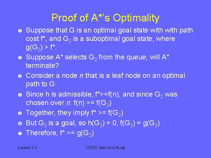Proof of A*’s Optimality Suppose that G is an optimal goal state with path Proof of A*’s Optimality Suppose that G is an optimal goal state with path