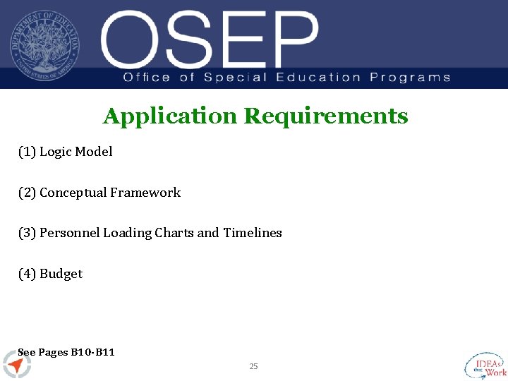 Application Requirements (1) Logic Model (2) Conceptual Framework (3) Personnel Loading Charts and Timelines