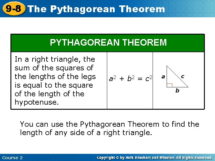9 -8 The Pythagorean Theorem PYTHAGOREAN THEOREM In a right triangle, the sum of