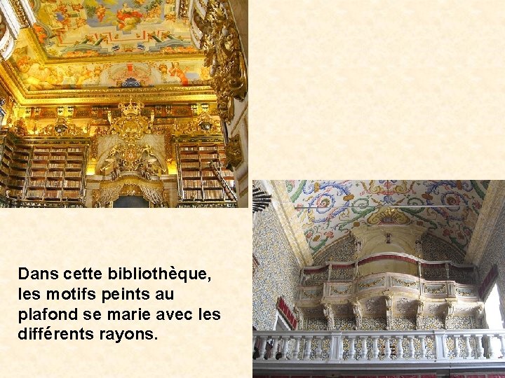 Dans cette bibliothèque, les motifs peints au plafond se marie avec les différents rayons.