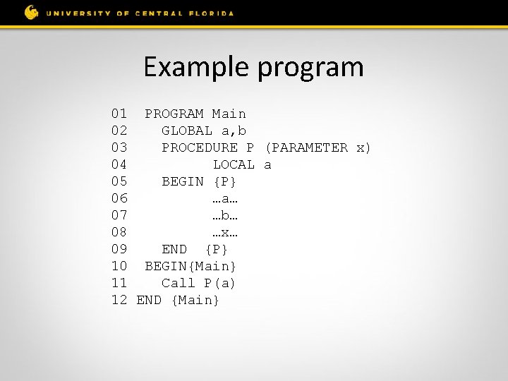 Example program 01 PROGRAM Main 02 GLOBAL a, b 03 PROCEDURE P (PARAMETER x)