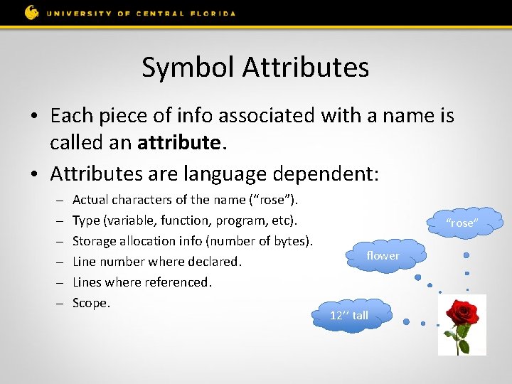 Symbol Attributes • Each piece of info associated with a name is called an