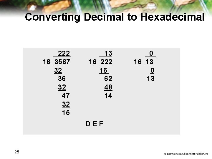 Converting Decimal to Hexadecimal 222 16 3567 32 36 32 47 32 15 13