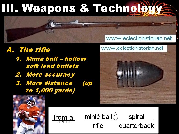 III. Weapons & Technology A. The rifle 1. Minié ball – hollow soft lead