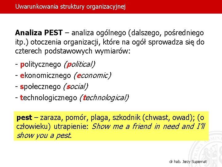 Uwarunkowania struktury organizacyjnej Analiza PEST – analiza ogólnego (dalszego, pośredniego itp. ) otoczenia organizacji,